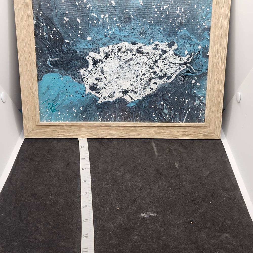 Hand Crafted Teal Blue White Abstract Fluid Art Painting Canvas Framed 9x11"